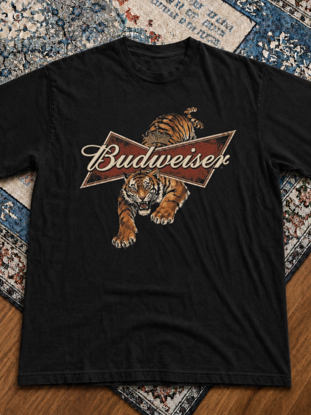 Gildan Black Tee with Brown & Cream Tiger Budweiser Graphic